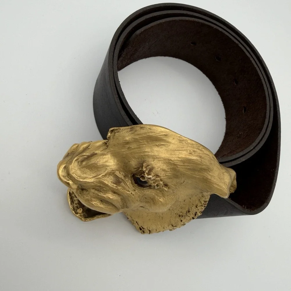 Vtg Christopher Ross Belt Buckle Snarling Angry Dog Wolf 1976 Gold Plate Metal